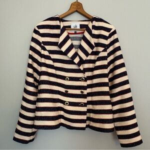 Gemini said Cabi Navy Blue Cream Striped Nautical Love Carol Blazer Gold Button